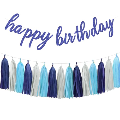 Aonor Happy Birthday Dekorationen für Männer Jungen - Marineblau Happy Birthday Banner und Papierquaste Girlande für Bluey Birthday Party Dekorationen von Aonor