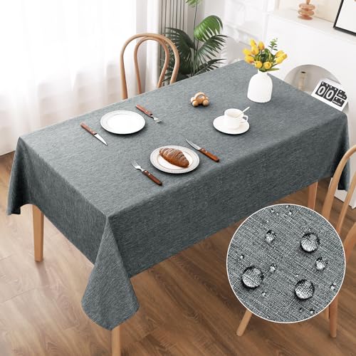 AooHome Tischdecke 140X200cm, Grau Leinen-Optik Tischdecken Abwaschbar Tischtuch aus Polyester Wasserabweisend mit Lotuseffekt, Dauerhaft Kratzfest für Wohnzimmer, Esszimmer, Balkon, Garten von AooHome