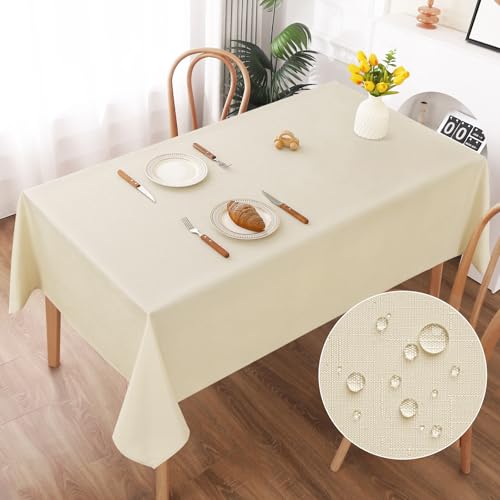 AooHome Tischdecke Abwaschbar, Beige Tischdecken 130x160cm Leinen-Optik Tischtuch aus Polyester Wasserabweisend mit Lotuseffekt, Dauerhaft Kratzfest für Wohnzimmer, Esszimmer, Balkon, Garten von AooHome