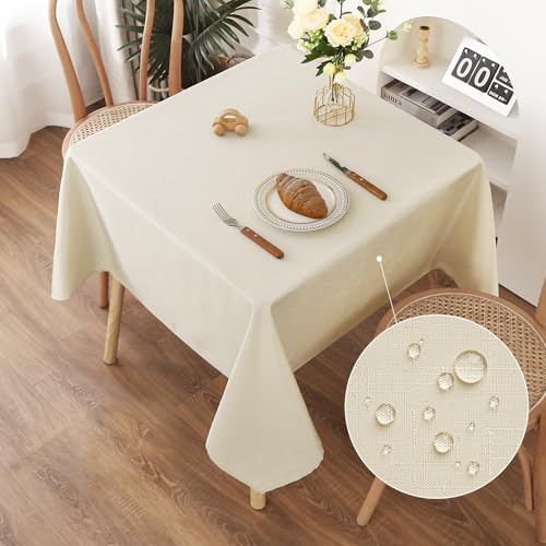 AooHome Tischdecke Abwaschbar, Beige Tischdecken 140x140cm Leinen-Optik Tischtuch aus Polyester Wasserabweisend mit Lotuseffekt, Dauerhaft Kratzfest für Wohnzimmer, Esszimmer, Balkon, Garten von AooHome