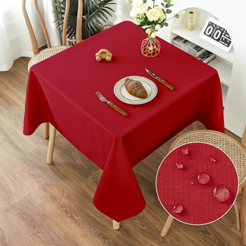 AooHome Tischdecke Abwaschbar, Rot Tischdecken 140x140cm Leinen-Optik Tischtuch aus Polyester Wasserabweisend mit Lotuseffekt, Dauerhaft Kratzfest für Wohnzimmer, Esszimmer, Balkon, Garten von AooHome