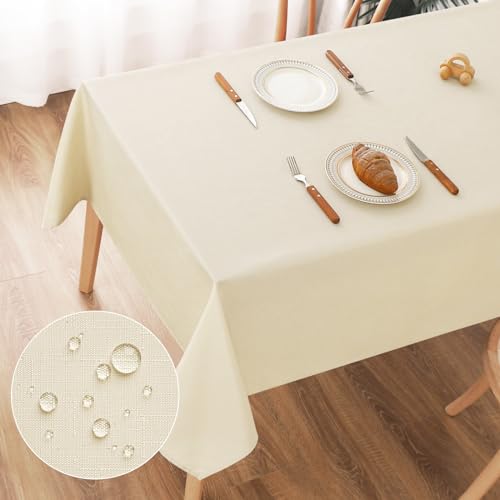 AooHome Tischdecke Abwaschbar Beige, 140x240cm Tischdecken Leinen-Optik Tischtuch aus Polyester Wasserabweisend mit Lotuseffekt, Dauerhaft Kratzfest für Wohnzimmer, Esszimmer, Balkon, Garten von AooHome