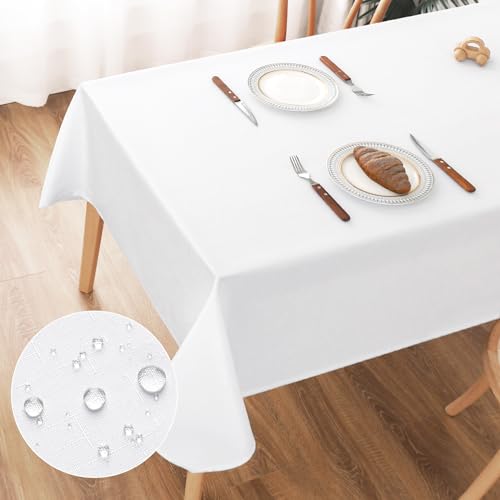 AooHome Tischdecke Abwaschbar Weiß, 100x140cm Tischdecken Leinen-Optik Tischtuch aus Polyester Wasserabweisend mit Lotuseffekt, Dauerhaft Kratzfest für Wohnzimmer, Esszimmer, Balkon, Garten von AooHome