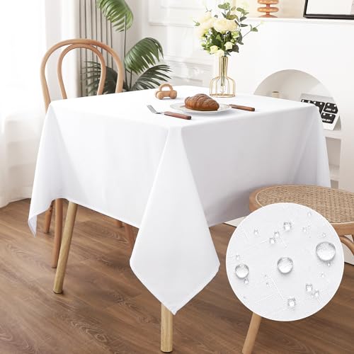 AooHome Tischdecke Abwaschbar Weiß, 120x120cm Tischdecken Leinen-Optik Tischtuch aus Polyester Wasserabweisend mit Lotuseffekt, Dauerhaft Kratzfest für Wohnzimmer, Esszimmer, Balkon, Garten von AooHome