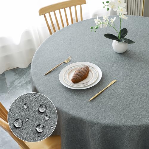 AooHome Tischdecke Rund 100cm, Grau Leinen-Optik Tischdecken Abwaschbar Tischtuch aus Polyester Wasserabweisend mit Lotuseffekt, Dauerhaft Kratzfest für Wohnzimmer, Esszimmer, Balkon, Garten von AooHome