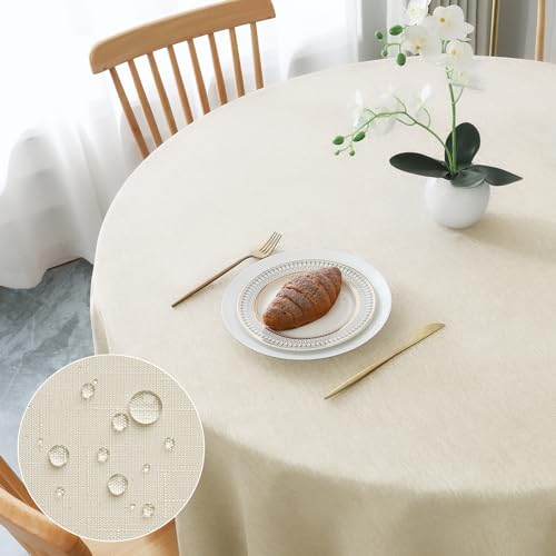 AooHome Tischdecke Rund 120cm, Beige Leinen-Optik Tischdecken Abwaschbar Tischtuch aus Polyester Wasserabweisend mit Lotuseffekt, Dauerhaft Kratzfest für Wohnzimmer, Esszimmer, Balkon, Garten von AooHome