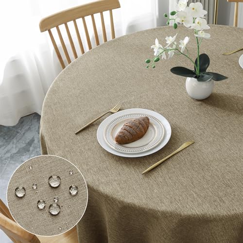 AooHome Tischdecke Rund Φ120cm, Kaffee Braun Leinen-Optik Tischdecken Abwaschbar Tischtuch aus Polyester Wasserabweisend mit Lotuseffekt, Dauerhaft Kratzfest für Wohnzimmer, Esszimmer, Balkon, Garten von AooHome