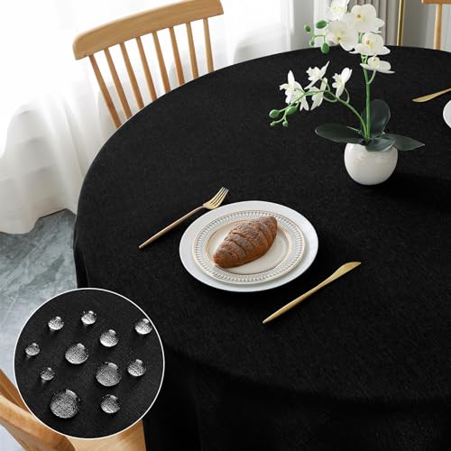 AooHome Tischdecke Rund Φ120cm, Schwarz Leinen-Optik Tischdecken Abwaschbar Tischtuch aus Polyester Wasserabweisend mit Lotuseffekt, Dauerhaft Kratzfest für Wohnzimmer, Esszimmer, Balkon, Garten von AooHome