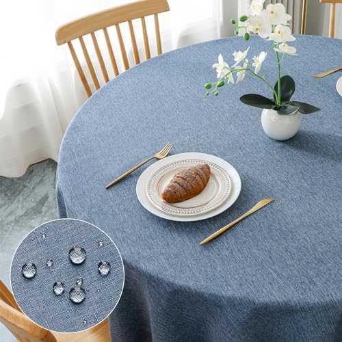 AooHome Tischdecke Rund Φ160cm, Blau Leinen-Optik Tischdecken Abwaschbar Tischtuch aus Polyester Wasserabweisend mit Lotuseffekt, Dauerhaft Kratzfest für Wohnzimmer, Esszimmer, Balkon, Garten von AooHome