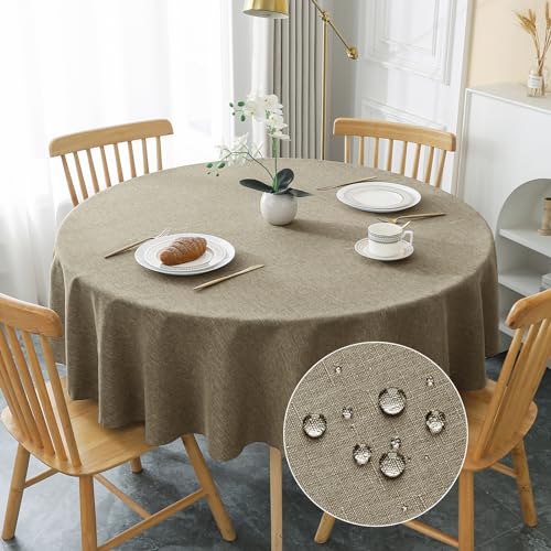 AooHome Tischdecke Rund Φ160cm, Kaffee Braun Leinen-Optik Tischdecken Abwaschbar Tischtuch aus Polyester Wasserabweisend mit Lotuseffekt, Dauerhaft Kratzfest für Wohnzimmer, Esszimmer, Balkon, Garten von AooHome