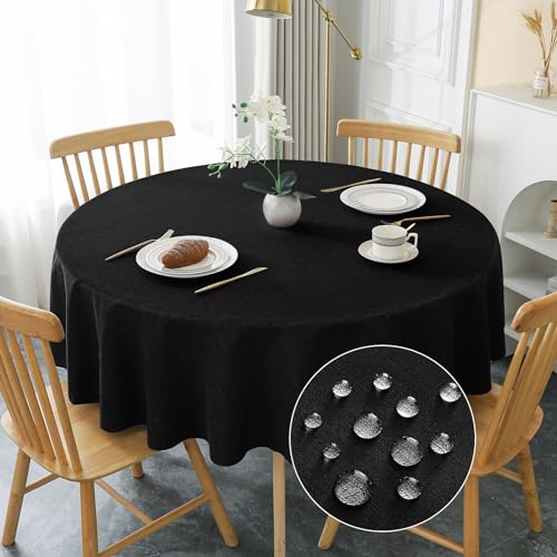 AooHome Tischdecke Rund Φ160cm, Schwarz Leinen-Optik Tischdecken Abwaschbar Tischtuch aus Polyester Wasserabweisend mit Lotuseffekt, Dauerhaft Kratzfest für Wohnzimmer, Esszimmer, Balkon, Garten von AooHome