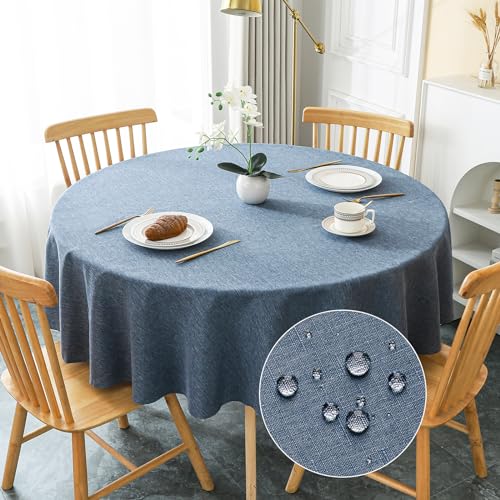 AooHome Tischdecke Rund Φ180cm, Blau Leinen-Optik Tischdecken Abwaschbar Tischtuch aus Polyester Wasserabweisend mit Lotuseffekt, Dauerhaft Kratzfest für Wohnzimmer, Esszimmer, Balkon, Garten von AooHome