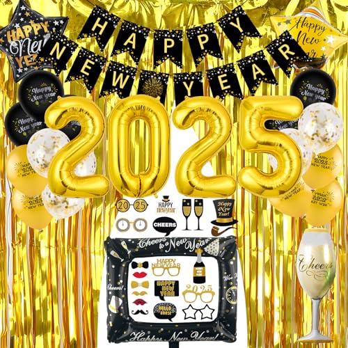 Silvester Deko 2025 Dekoration Set,42 Stück Goldene Deko Partydeko,Neujahr Silvesterdeko,Happy New Year Banner,Folienballons,Luftballons Für Foto-Requisiten,Masken Silvester 2025 Für Silvesterparty von Aopskumd