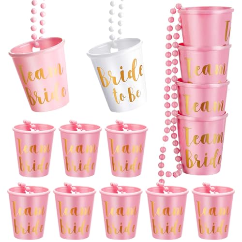 Aoreun 14 Stück Braut Kunststoff Tassen, Team Braut Halskette Goldfolie Becher zum Umhängen, Team Braut und Bachelorette Party Cups für Junggesellenabschied, Hochzeit Dekorationen Accessoires von Aoreun