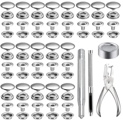 Aoreun 200pcs Edelstahl Druckknöpfe, 15mm Metall Druckknopf Set mit 4 Befestigungswerkzeugen Zange, Nähzubehör Buttons Knöpfe, Silber Snap Fastener Kit für DIY Basteln Stoff, Kleidung Taschen von Aoreun