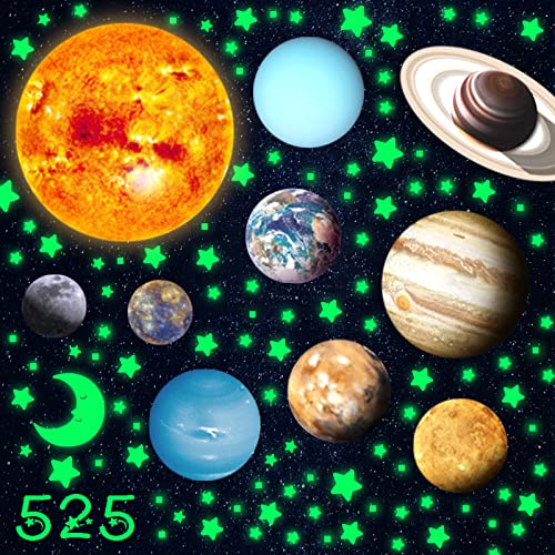 Aoreun Leuchtsterne Selbstklebend Wandsticker 9 Planeten Sonnensystem, 525pcs Leuchtsticker Wandtattoo Leuchtaufkleber Wandsticker Fluoreszierend Wandaufkleber für Kinderzimmer Schlafzimmer Wohnzimmer von Aoreun