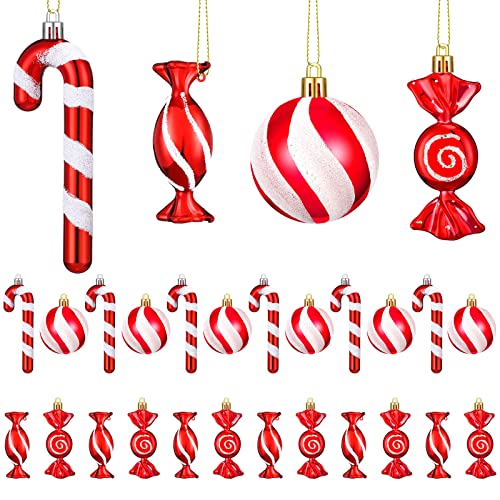 24 Stück Weihnachten Süßigkeiten Lutscher Ornament Set Lebhaft Rot Weißes Zuckerstangen Ornament Weihnachten Hängendes Lutscher Muster Dekoration mit Seil für Weihnachten (Stilvoller Stil) von Aoriher