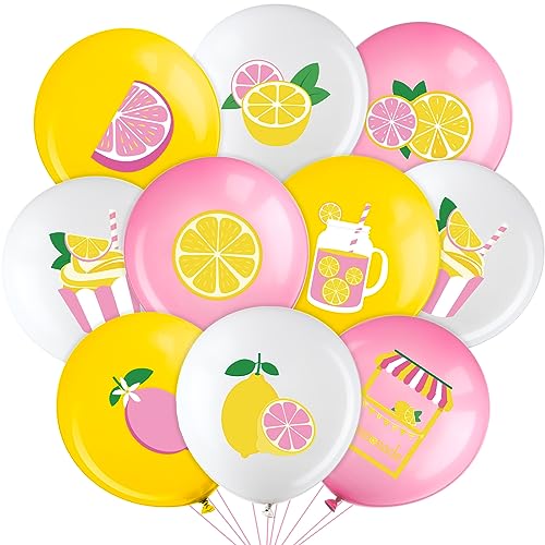 Aoriher 63 Stück Zitrone Luftballons Limonaden Party Luftballons Deko Gelb Rosa und Weiß Zitrone Zitrusfrüchte Latex Luftballons Sommer Frucht Ballone für Sommer Zitronen Geburtstag Party von Aoriher