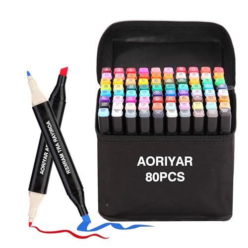 Aoriyar Marker Stifte 80 Farben, Alkohol Kunst Marker Färben Künstler Stifte Dual Tip Marker Stifte Set für Erwachsene Studenten Manga Skizze Zeichnen Skizzieren Unterstreichung Illustration Malerei von Aoriyar