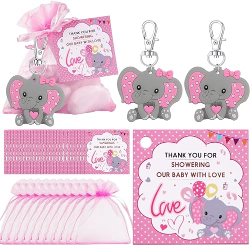 Aotoer 50 Sets Babyparty-Geschenke für Gäste, rosa Baby-Elefanten-Schlüsselanhänger, Organza-Beutel und Dankeschön-Kraftanhänger für Elefanten-Mottoparty, Mädchen, Kinder-Partyzubehör, rose, One size von Aotoer