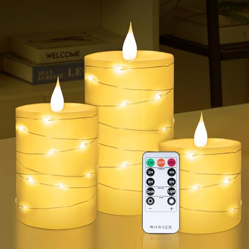 Aottom LED Kerzen, 3er-Set LED Kerze mit Lichterkette| Flammenlose Kerzen mit mit Fernbedienung Timer Funktion, 11-Tasten-Fernbedienung, Batteriekerzen für Weihnachtsdeko, Hochzeit, Festival,Parteien von Aottom