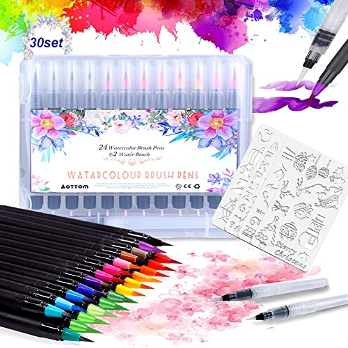 Aottom Pinselstifte Set 30St, 24 Brush Pen Wasserfarben+2 Aquarell Pinsel Marker Stifte+4 Schablonen Handlettering Stifte mit Flexiblen Nylonspitzen für Bullet Journal Kalligraphie WeihnachtenGeschenk von Aottom