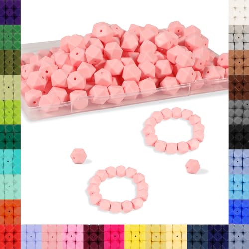 Sechseckige Silikonperlen, 14 mm, Silikonperlen für Schlüsselanhänger, Silikonperlen für Armbandherstellung, Halskettenherstellung und Silikonperlen für Stifte (Candy Pink), 90 Stück von Aoughthee