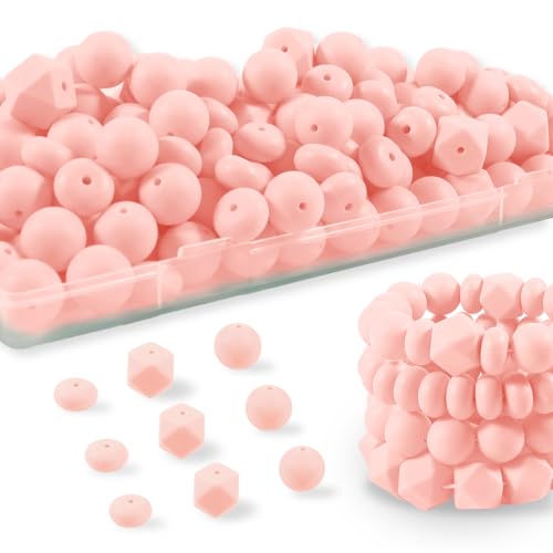 Silikonperlen, 150 Stück, 15 mm Silikonperlen für Schlüsselanhänger, Silikon-Fokal-Perlen für Stifte, drei Formen, Silikonperlen für Armband, Candy Pink von Aoughthee