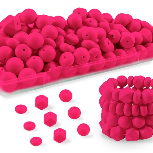 Silikonperlen, 150 Stück, 15 mm Silikonperlen für Schlüsselanhänger, Silikon-Fokal-Perlen für Stifte, drei Formen, Silikonperlen für Armband, Hot Pink von Aoughthee