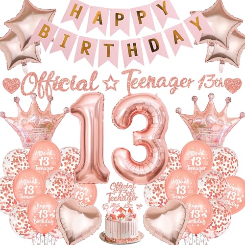 13 Geburtstag Dekorationen Mädchen Set - Rose Gold Offizielles Teenager Happy Birthday Banner Latex Nummer Krone Stern Herz Folienballons Kuchen Topper für 13 Geburtstag Party Supplies von Aoyama