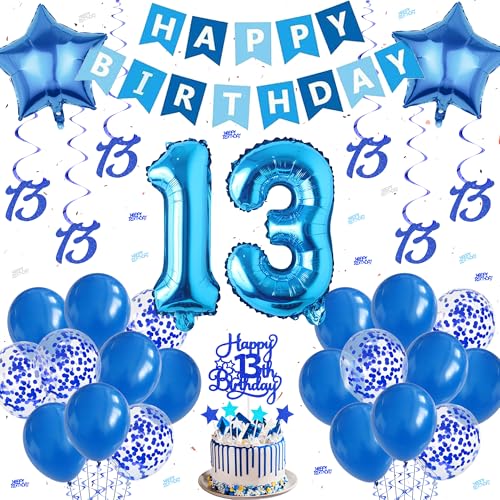 13 Geburtstag Dekorationen für Jungen - Blau Happy Birthday Banner Dekoration Set Hängende Wirbel Konfetti Latex Ballons Happy 13th Birthday Cake Topper für Offizielle Teenager Geburtstag Party von Aoyama