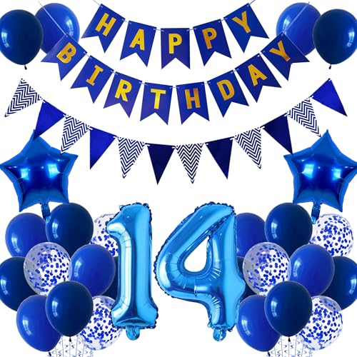 14 Geburtstag Dekorationen für Jungen - Happy Birthday Banner Party Dekoration Set Blau Weiß Wimpel Zahl 14 Folienballon Blau Konfetti Latex Ballons für Teen 14 Jahre alt Geburtstag Supplies von Aoyama