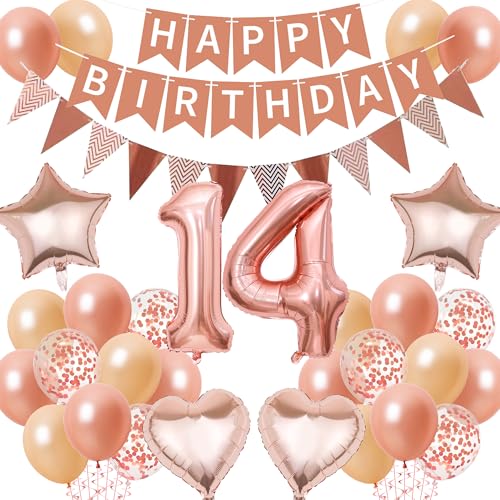 14 Geburtstag Dekorationen für Mädchen - Rose Glod Happy Birthday Banner Party Dekoration Set Wimpel Nummer 14 Folienballon Konfetti Latex Ballons für Teenager 14 Jahre alt Geburtstag Supplies von Aoyama