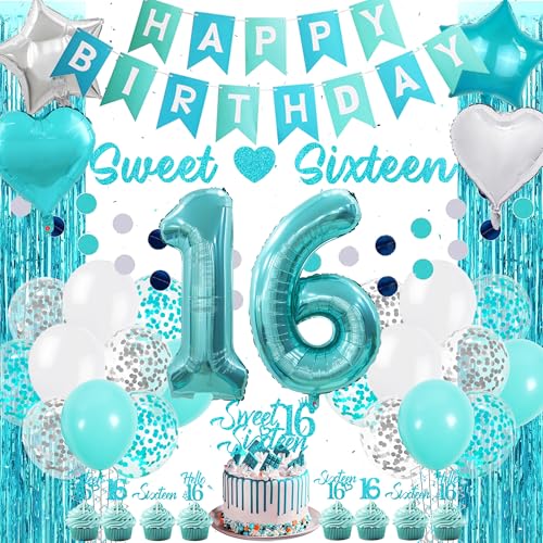 16 Geburtstag Dekorationen Junge Mädchen - Sweet Happy 16th Birthday Banner Dekoration Set Sweet Sixteen Banner Cake Toppers Türkis Fransen Vorhang Nummer 16 Ballon für 16 Geburtstag Supplies von Aoyama