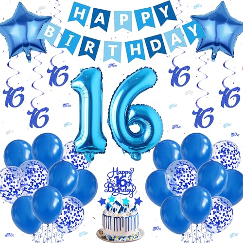 16 Geburtstag Dekorationen für Jungen - Blau Happy Birthday Banner Dekoration Set Hängende Wirbel Konfetti Latex Ballons Happy 16th Birthday Cake Topper für Teenager Geburtstag Party Supplies von Aoyama