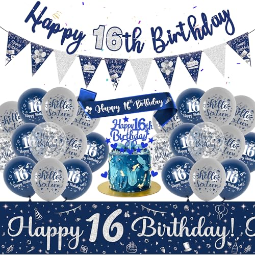 16. Geburtstag Dekorationen Jungen Mädchen - Blau Silber Happy 16th Birthday Banner Set mit Wimpelkette Banner Schärpe 16. Latex Ballons Blau Kuchen Topper für Teenager 16 Jahre alt Geburtstag Party von Aoyama