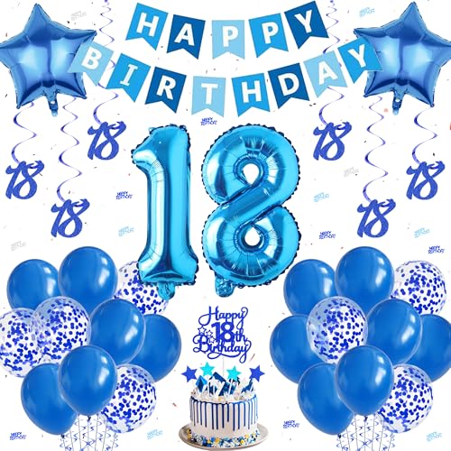 18 Geburtstag Dekorationen für Jungen - Blau Happy Birthday Banner Dekoration Set Hängende Wirbel Konfetti Latex Ballons Happy 18th Birthday Cake Topper für Teenager Geburtstag Party Supplies von Aoyama