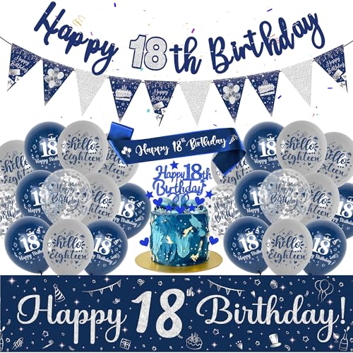 18. Geburtstag Dekorationen Jungen Mädchen - Blau Silber Happy 18th Birthday Banner Set mit Wimpelkette Banner Schärpe 18. Latex Ballons Blau Kuchen Topper für 18 Jahre Geburtstag Party Supplies von Aoyama