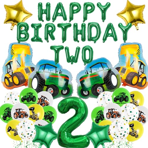 2 Geburtstag Ballon Dekorationen Jungen - Traktor Motto Party Dekoration Set mit 3D Traktor Bulldozer Folienballon Happy Birthday Banner Konfetti Latex Ballons für Jungen Geburtstag Party Supplies von Aoyama