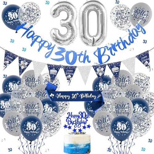 30 Geburtstag Dekorationen Männer - Blau und Silber Geburtstag Dekorationen Happy Birthday Banner Wimpel Schärpe Konfetti 12 Zoll Latex Ballon Kuchen Topper für 30 Jahre Alt Geburtstag Party Supplies von Aoyama