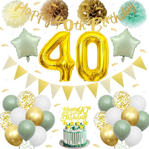 40 Geburtstag Dekorationen für Frauen - Gold Grün Luftballons Party Dekoration Set Happy 40th Birthday Banner Wimpel Nummer 40 Ballon Kuchen Topper Papier Pom Pom für Frauen Männer 40 Jahre alt Party von Aoyama