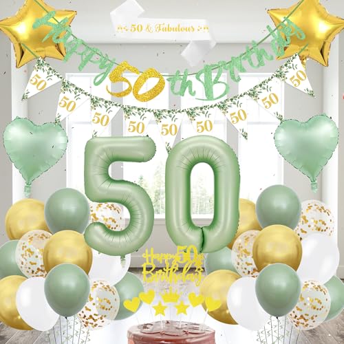 50 Geburtstag Dekorationen für Frauen - 49 Stück Grün Gold 50 Geburtstag Luftballons Set mit Happy Birthday Banner Konfetti Folienballon Cake Topper 50 Jahre alt Party Supplies für Frauen Männer von Aoyama