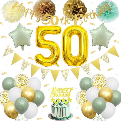 50 Geburtstag Dekorationen für Frauen - Gold Grün Luftballons Party Dekoration Set Happy 50th Birthday Banner Wimpel Nummer 50 Ballon Kuchen Topper Papier Pom Pom für Frauen Männer 50 Jahre alt Party von Aoyama