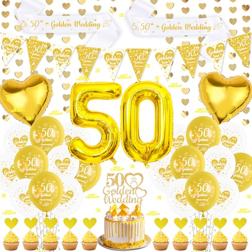 50. Goldene Hochzeit Jubiläum Dekorationen - 50th Anniversary Party Supplies Set enthält Wimpel Konfetti Liebe Girlande Schärpe Kuchen Topper Zahlen Latex Jubiläum Ballons für Paare von Aoyama