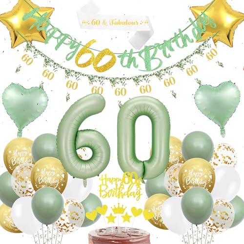 60 Geburtstag Dekorationen für Frauen - 49 Stück Grün Gold 60 Geburtstag Luftballons Set mit Happy Birthday Banner, Konfetti, Folienballon, Cake Topper, 60 Jahre alt Party Supplies für Frauen Männer von Aoyama