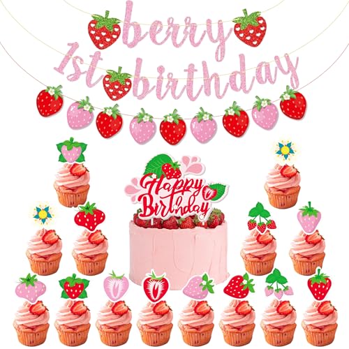 Berry First Birthday Banner Dekorationen - Mädchen Erdbeere 1. Geburtstag Banner Dekoration Set Erdbeere Happy Birthday Kuchen Topper für Erdbeermotive Babyparty Obst Thema Party Supplies von Aoyama