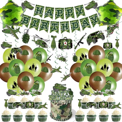 Camouflage Geburtstag Dekorationen Militär Thema - Grün Militär Party Supplies Enthält Banner Hängende Wirbel Girlande Cupcake Topper Latex Stern Ballons für Soldat Veteran Party Dekorationen von Aoyama