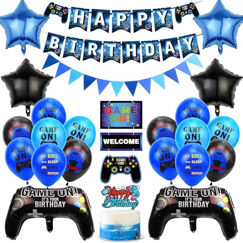 Gaming Geburtstag Dekorationen für Junge - Videospiel Party Dekoration Set mit Game Controller Folienballons Blau Happy Birthday Game On Welcome Hanging Banner für Spiel Thema Geburtstag Party von Aoyama