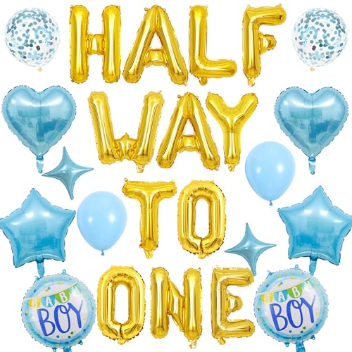 Halbgeburtstag Dekorationen für Jungen - Gold Half Way To One Banner Blau Herz Stern Vier Winkel Baby Boy Buchstaben Folienballons Blau Latex Konfetti Ballons für sechs Monate Babyparty Party Supplies von Aoyama