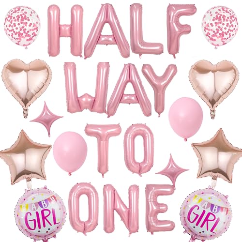 Halbgeburtstag Dekorationen für Mädchen - Rosa Half Way to One Letter Ballon Banner Rose Gold Herz Stern Baby Mädchen Folienballons Rosa Latex Konfetti Ballons für sechs Monate Babyparty Party von Aoyama